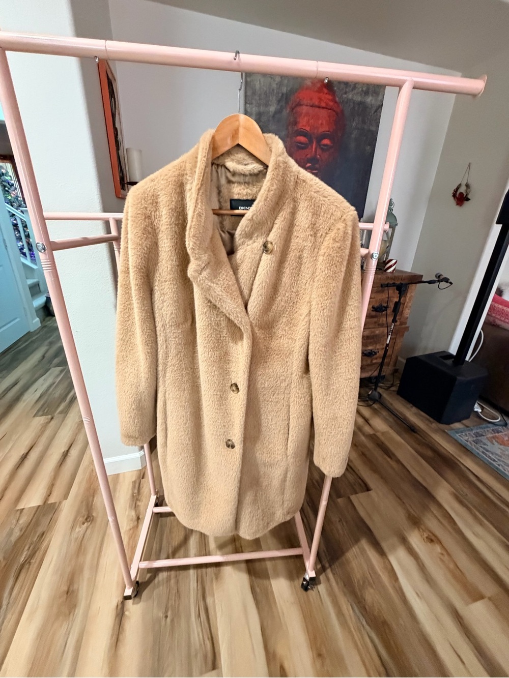 Women's DKNY Tan/Beige Faux Fur Cozy Button-Front Coat